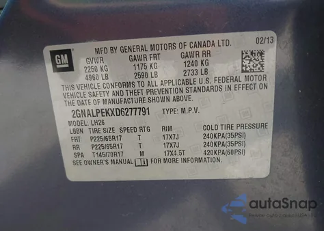 2013 Chevrolet Equinox 2Lt from USA, damaged, VIN 2GNALPEKXD6277791